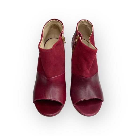 Trina Turk ❉ Los Gatos Heeled Leather + Suede Peep Toe Ankle Bootie ❉ Wine ❉ 5M - Picture 9 of 16
